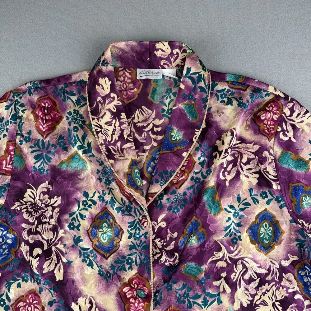 Kathryn Satin Floral Sleep Shirt Nightgown Button Green Blue Purple Size M